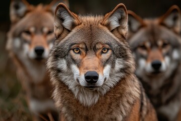 Fototapeta premium A striking image that showcases a wolf intensely staring into the camera, with two other wolves slightly blurred in the background, capturing the wild essence of these majestic creatures.