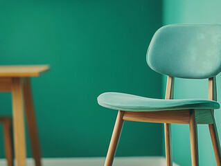 It is a living room with pastel-toned green walls and wooden tables and chairs. It is a pastel-toned interior with a Scandinavian interior as the base. Generative AI