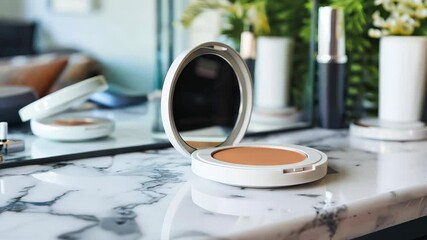 A chic vanity a reflective compact mirror and soft peach powder blush on a polished marble countertop. Elegant applicators and sleek beauty products surround it, set against lush greenery.