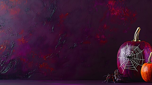 A pumpkin with a creepy spider web design, with a real spider crawling across it, against a deep purple backdrop. Copy space. 