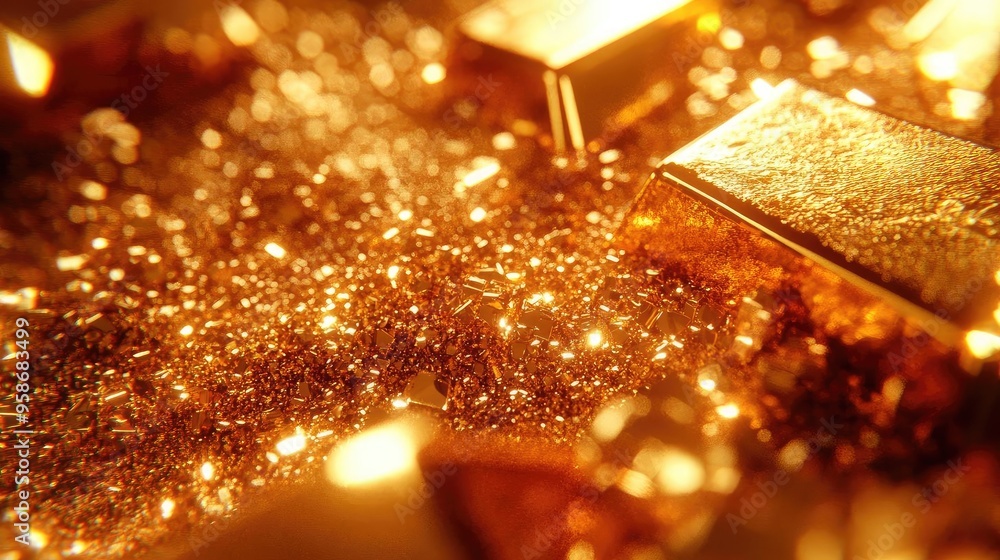 Poster a close-up view of shimmering gold bars and sparkling dust, reflecting light and creating a luxuriou