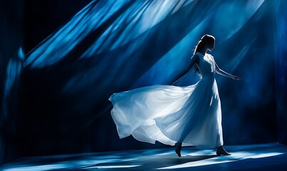 Woman in White Dress Walking in Blue Light