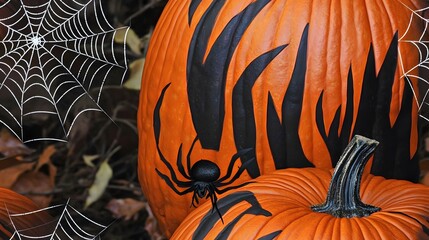 A pumpkin with a creepy spider web design, with a real spider crawling across it, against a backdrop of a dark forest. 