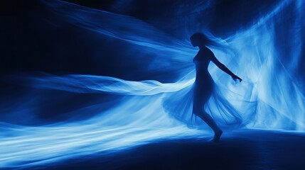 Silhouette of a Woman in a Flowing Dress Amidst Blue Light