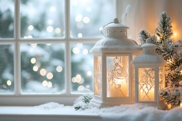 White Lanterns with Candlelight on a Snowy Windowsill