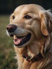 Smiling golden retriever on a clean, empty background, exuding joy and excitement.