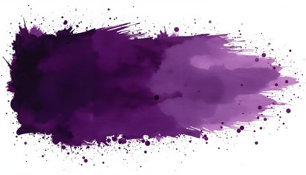 Abstract purple brush stroke with splashes on white background.