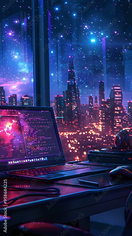 Poster a futuristic home office setup with dual monitors displaying code in a neon-lit cyberpunk aesthetic.