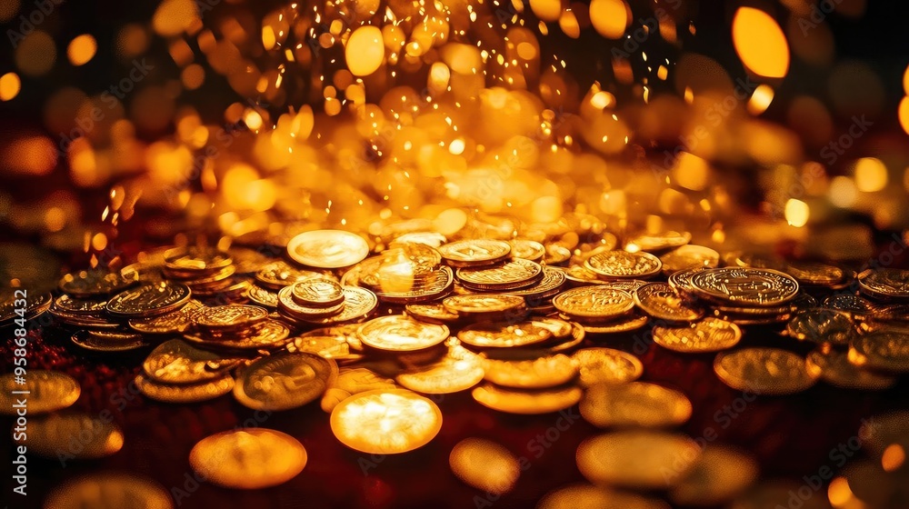 Poster a stunning close-up of shimmering gold coins against a sparkling background, capturing the allure of