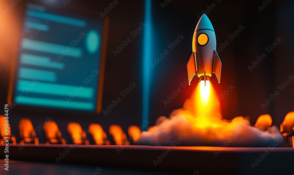 Poster rocket launching from a stage with a screen in the background