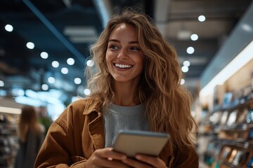 A happy woman with wavy hair smiles broadly while browsing items in a store, holding a smartphone and enjoying the shopping experience under bright lights.