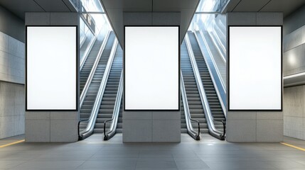 Blank poster mockup in metro station Three big vertical. portrait orientation blank poster with metro escalator background : Generative AI