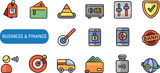 Business And Finance Icons set. price tag, purse, pyramid, Safe box, setting, shield, signature, smartphone, stamp, taking, target, truck, wallet, weight, worldwide . Vector illustration 
