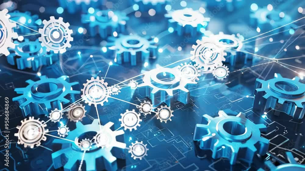 Poster a dynamic digital composition features interconnected blue gears against a high-tech backdrop.