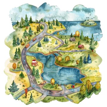 watercolor map landscape with roads and water clip art preview