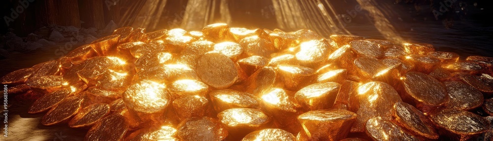Poster a mesmerizing pile of shimmering gold coins illuminated by rays of light, symbolizing wealth and abu