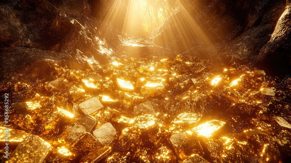 Poster a stunning treasure of gleaming gold scattered across a cave floor, illuminated by radiant beams of 