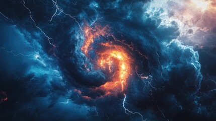 Aerial satellite view of a severe storm system with swirling clouds and vivid lightning, showcasing its scale and intensity