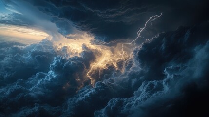 Aerial satellite view of a thunderstorm with dramatic cloud patterns and active lightning,...