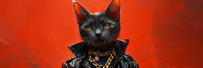 A cool cat in a leather jacket and gold chain,  looking directly at the camera.