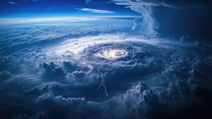 Aerial satellite view of a tropical storm with intense cloud cover and vivid lightning, highlighting the storm's size and impact