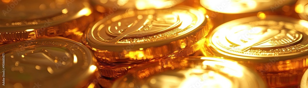 Poster close-up view of shiny golden coins with intricate designs, reflecting light and creating a luxuriou