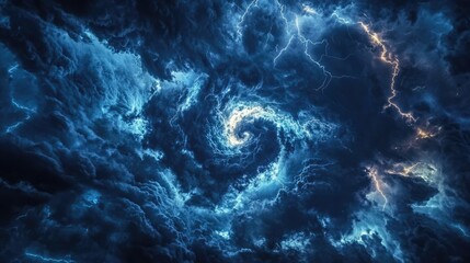 Aerial view from space of a powerful storm with swirling clouds and visible lightning, capturing the storm's dramatic scale and impact