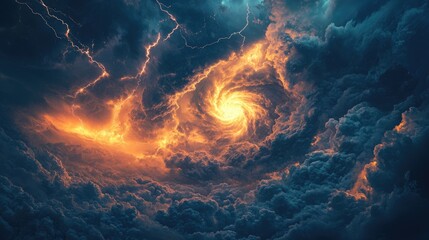 Aerial view from space of a powerful storm with swirling clouds and visible lightning, capturing...