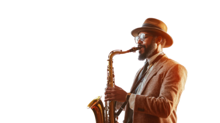 Jazz musician playing the saxophone, wearing a hat and vintage attire, evoking a classic, soulful musical vibe