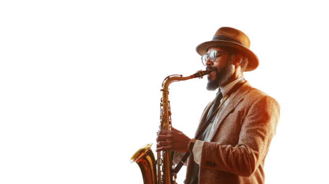 Jazz musician playing the saxophone, wearing a hat and vintage attire, evoking a classic, soulful musical vibe