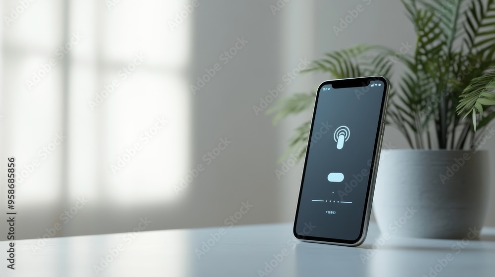 Poster smartphone displaying a voice assistant interface, with a clean and modern user interface design
