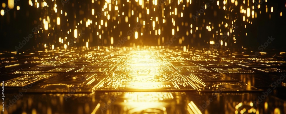Poster a stunning golden landscape created with shimmering lights and geometric patterns, perfect for digit