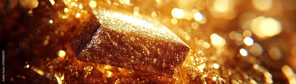 Poster close-up of a shimmering gold bar highlighting its texture and brilliance in a radiant light. perfec