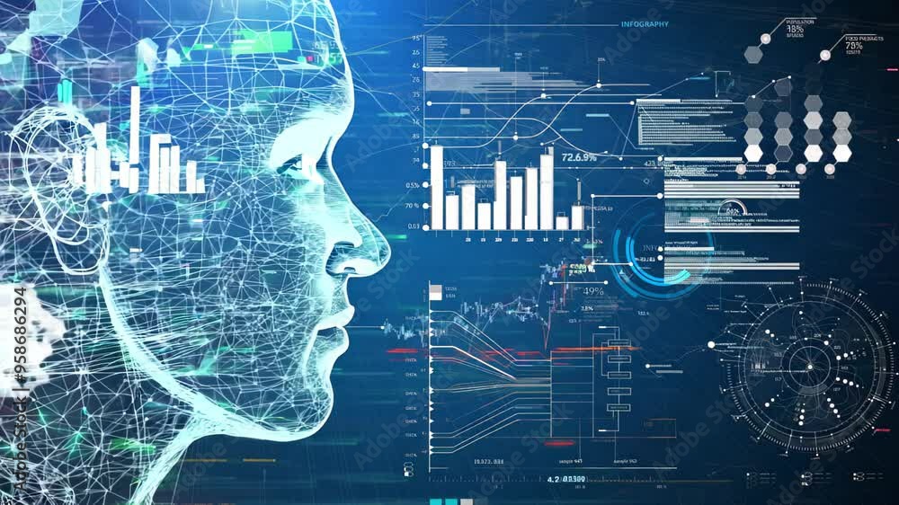 Poster striking a futuristic human profile, intertwined with digital graphics symbolizing ai and technology