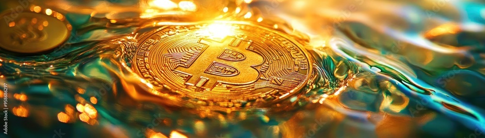 Poster a close-up of a shiny bitcoin coin submerged in water, reflecting light and creating ripples, symbol