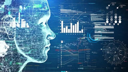 striking a futuristic human profile, intertwined with digital graphics symbolizing AI and technology. Surrounded by charts and data points, it emphasizes innovation and digital transformation. - Powered by Adobe