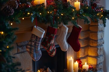 Mantelpiece decorated with garlands, stockings, and glowing candles for Christmas. Generative Ai