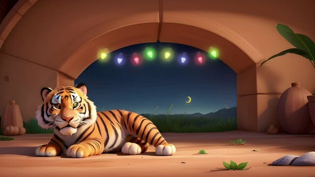 Cute tiger cubs at night. Seamless 4K looping timelapse video animation background