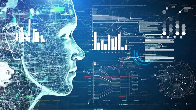 striking a futuristic human profile, intertwined with digital graphics symbolizing AI and technology. Surrounded by charts and data points, it emphasizes innovation and digital transformation.