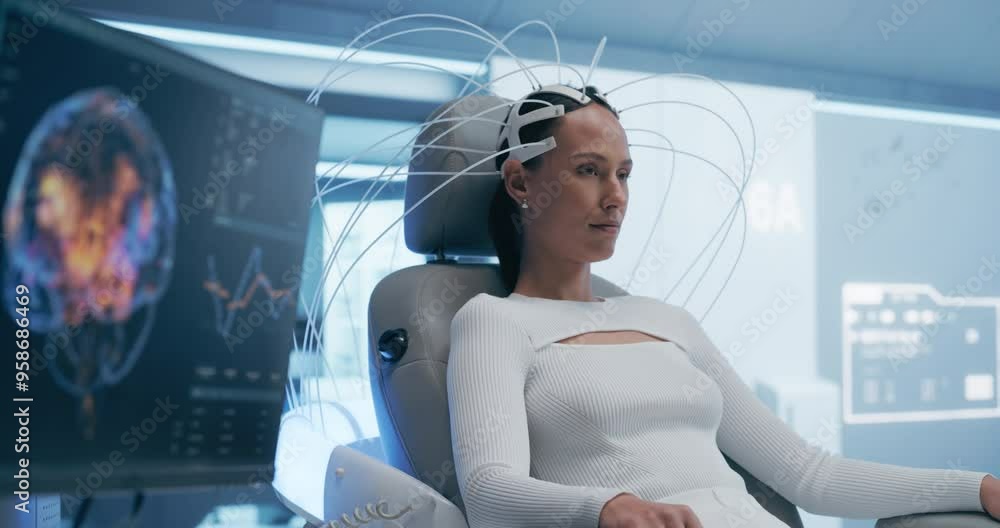 Aufkleber Futuristic laboratory: Female Patient Wearing Headset for a Brain Scan With Advanced Neural Technology. Monitors Show Brain Neural Pathways Data, Research on Neural Diseases and Cognitive Enhancement