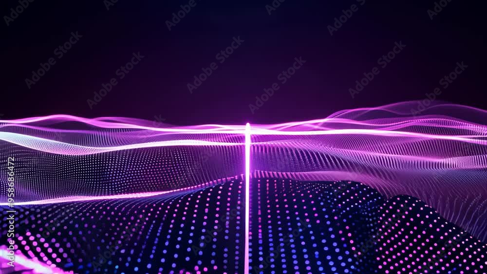 Poster vibrant abstract dynamic pink and purple sound waves against a dark background. flowing lines and do
