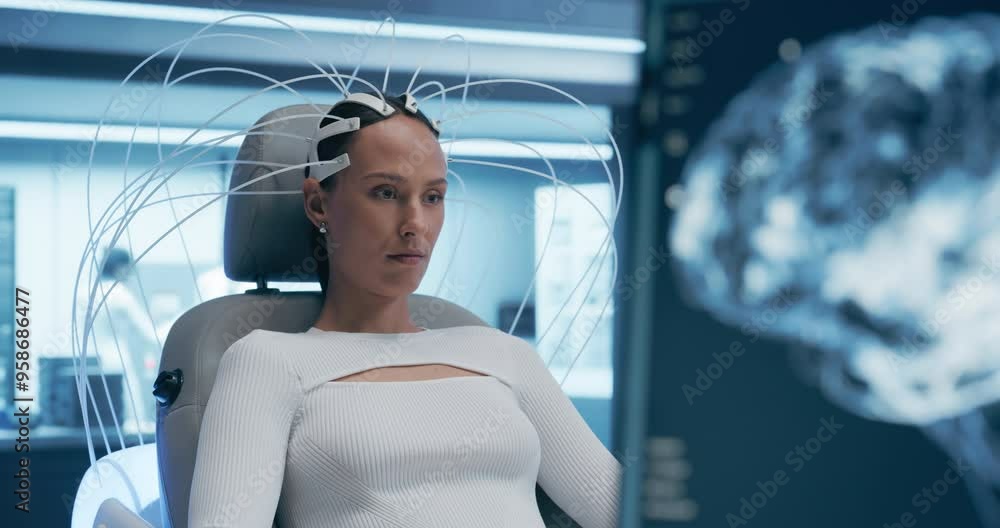 Aufkleber futuristic laboratory: female patient wearing headset for a brain scan with advanced neural technolo