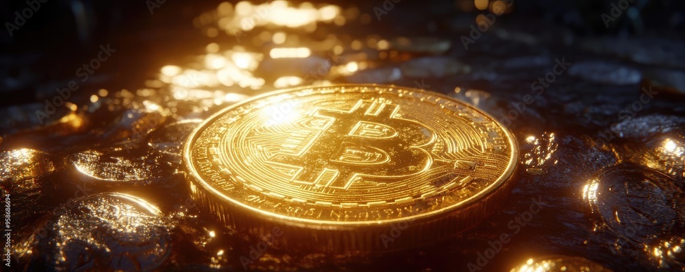Poster Close-up of a shining Bitcoin on textured surface representing cryptocurrency wealth and innovation.