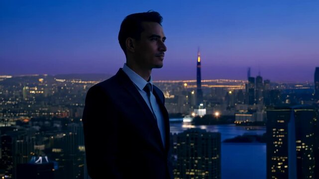Businessman overlooking city skyline during sunset in a high rise office setting, 4k video