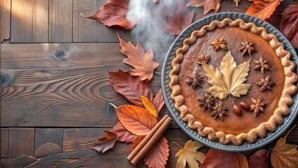 Homemade Thanksgiving Pie with Autumn Leaves and Cinnamon Sticks on Wooden Table