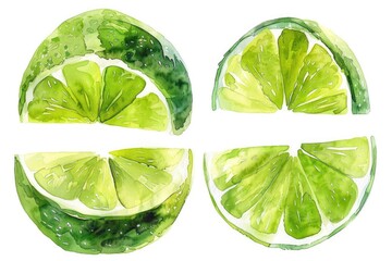 Obraz premium Juicy Lime Slices. Watercolor Illustration of Fresh Ripe Lime Fruits for Health and Refreshing Summer Cocktails