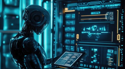 Advanced AI robot analyzing information on a tablet, futuristic data center with glowing interfaces