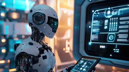 Advanced AI robot analyzing real-time data on a tablet, futuristic tech lab with interactive screens