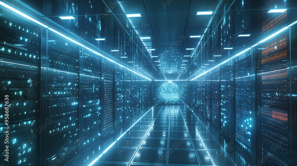 Poster ai in the cloud: a massive data center filled with servers, each connected to a central ai in the cl