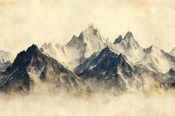 Mountain Range with Misty Peaks and a Grunge Background